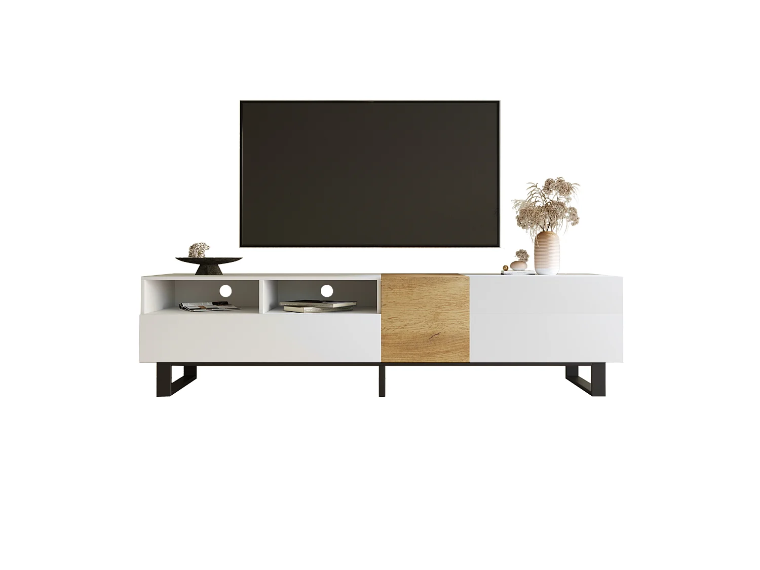 Meuble TV moderne 2 tiroirs, 2 compartiments et 1 porte - 180 x 38 x 50 cm - MDF - Blanc
