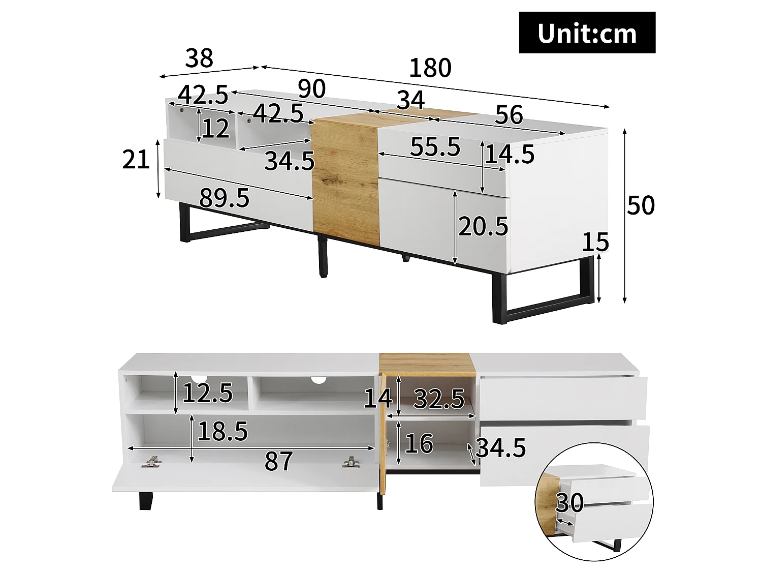 Meuble TV moderne 2 tiroirs, 2 compartiments et 1 porte - 180 x 38 x 50 cm - MDF - Blanc