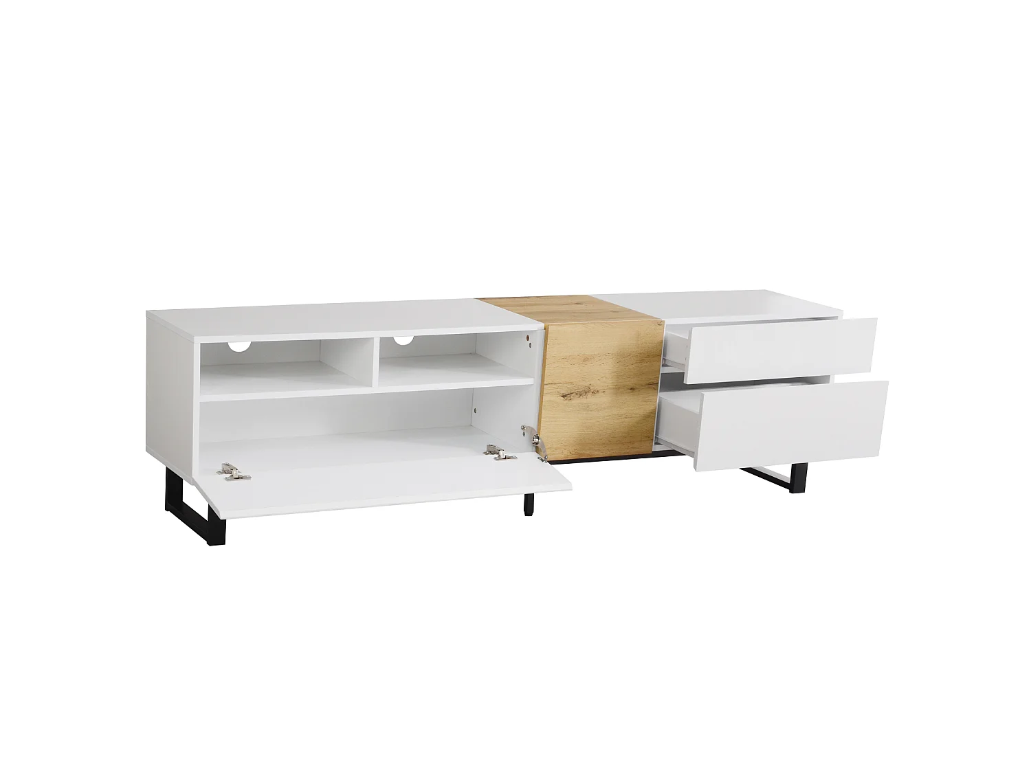 Meuble TV moderne 2 tiroirs, 2 compartiments et 1 porte - 180 x 38 x 50 cm - MDF - Blanc