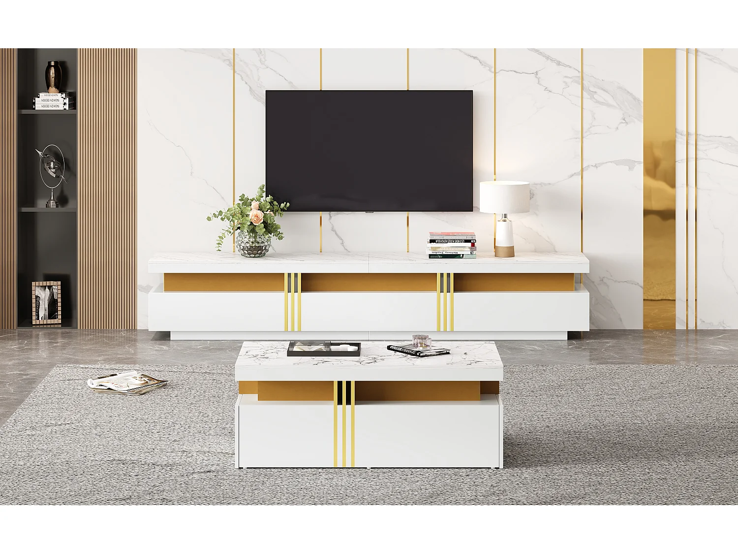 TV-Schrank + Couchtisch-Set – 100 x 50 x 40 cm + 200 x 40 x 42 cm – Spanplatte – Marmoroptik – Weiß