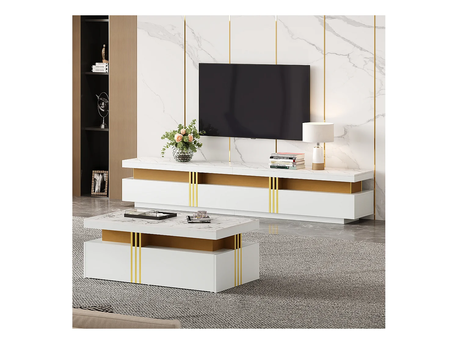 TV-Schrank + Couchtisch-Set – 100 x 50 x 40 cm + 200 x 40 x 42 cm – Spanplatte – Marmoroptik – Weiß