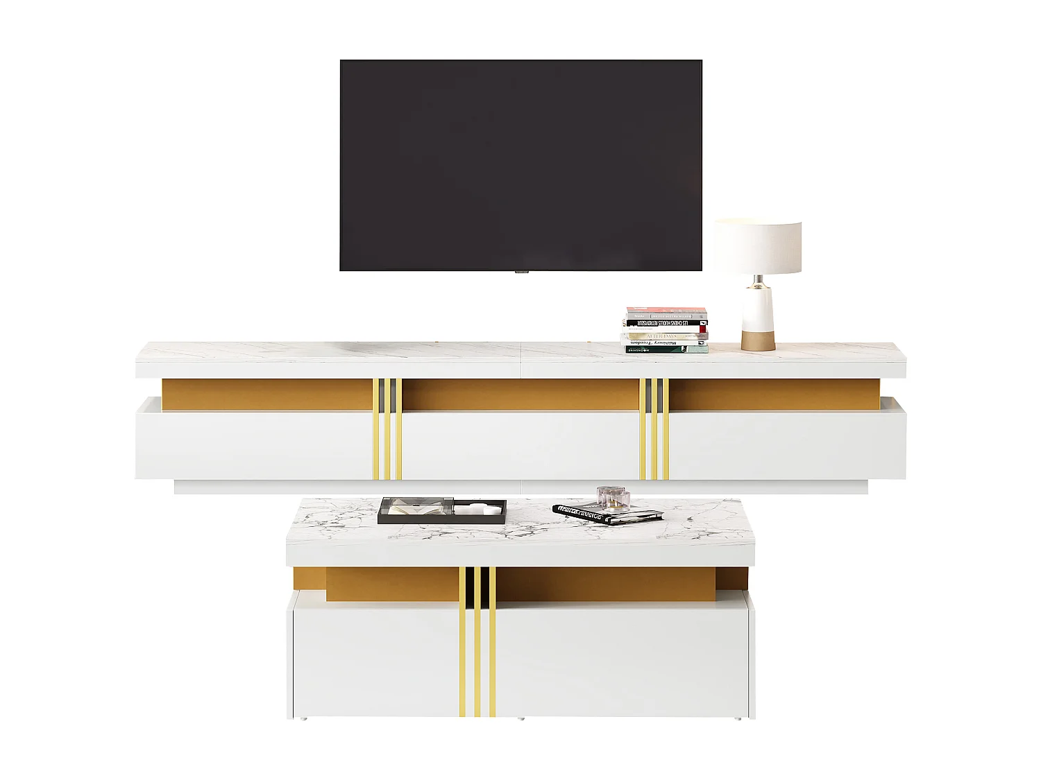 Ensemble meuble TV + table basse - 100 x 50 x 40 cm + 200 x 40 x 42 cm - Panneau de particules - Aspect marbre - Blanc
