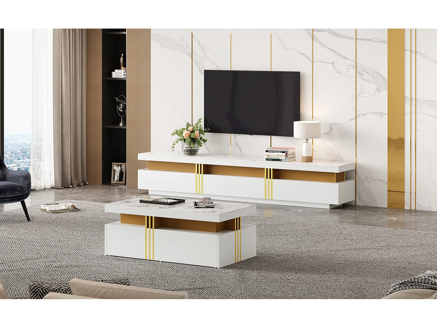 Ensemble meuble TV + table basse - 100 x 50 x 40 cm + 200 x 40 x 42 cm - Panneau de particules - Aspect marbre - Blanc