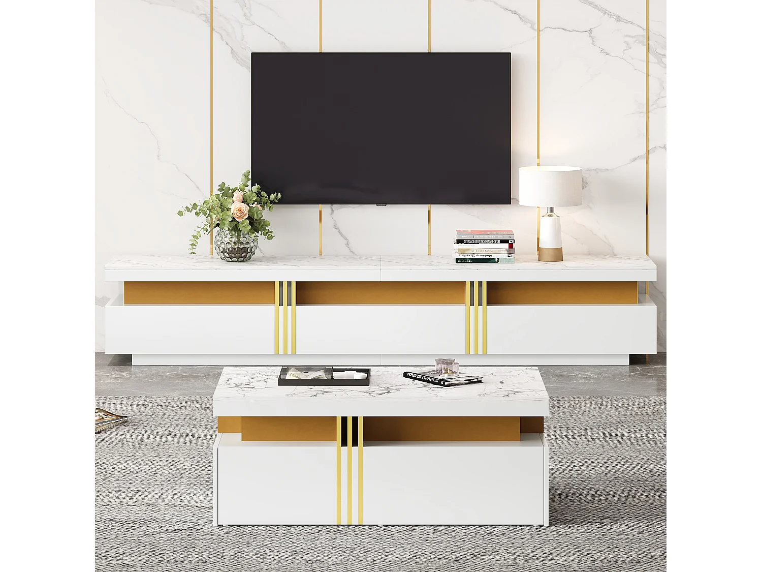 Ensemble meuble TV + table basse - 100 x 50 x 40 cm + 200 x 40 x 42 cm - Panneau de particules - Aspect marbre - Blanc