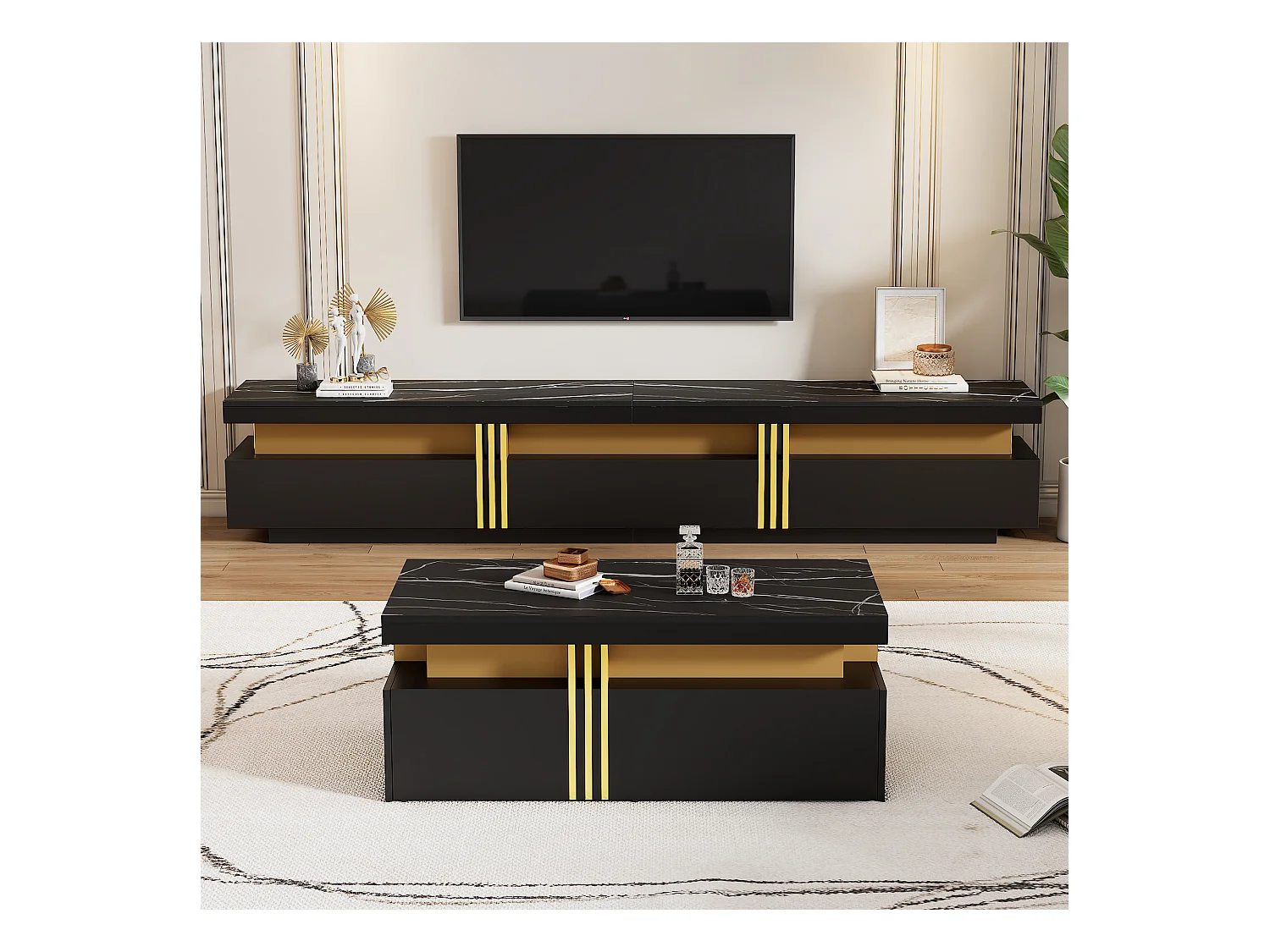 Zestaw stolik pod TV + stolik kawowy - 100 x 50 x 40 cm + 200 x 40 x 42 cm - Płyta wiórowa - Wygląd marmuru - Czarny