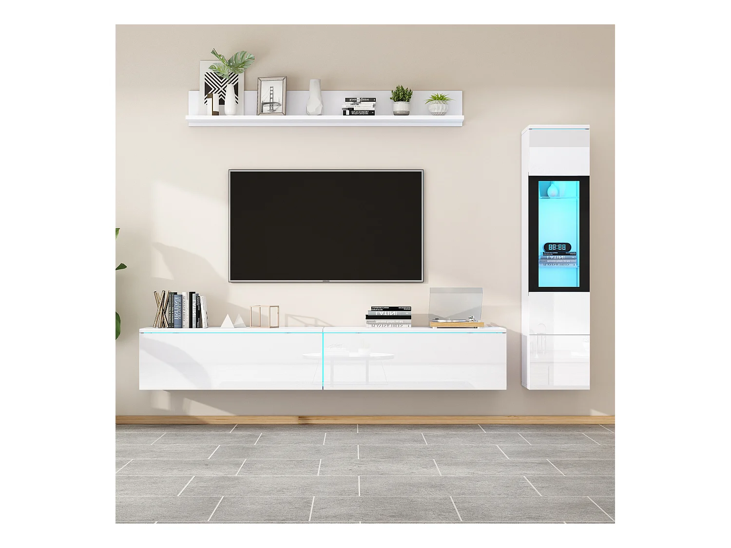 Ensemble meuble TV suspendu + vitrine de salon - LEDs - Panneau de particules - Blanc brillant