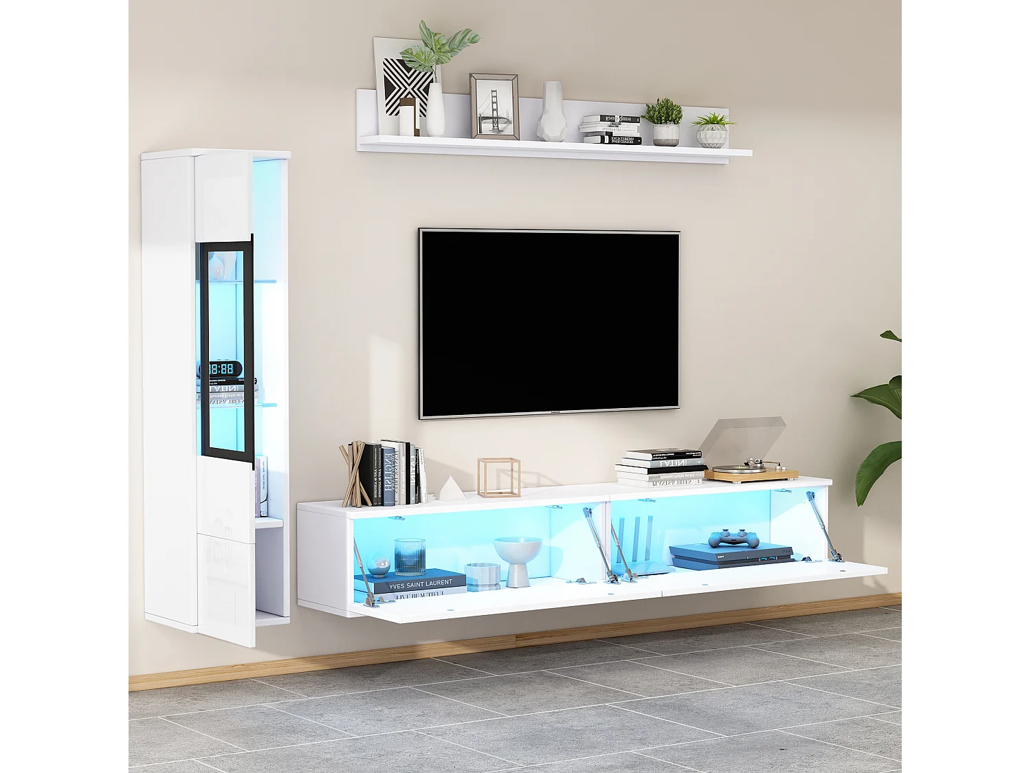 Ensemble meuble TV suspendu + vitrine de salon - LEDs - Panneau de particules - Blanc brillant