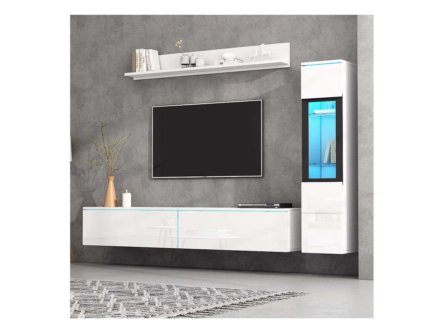 Ensemble meuble TV suspendu + vitrine de salon - LEDs - Panneau de particules - Blanc brillant