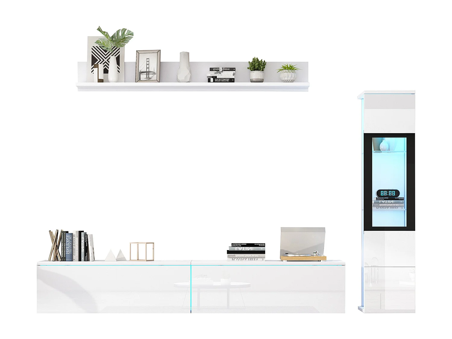 Ensemble meuble TV suspendu + vitrine de salon - LEDs - Panneau de particules - Blanc brillant