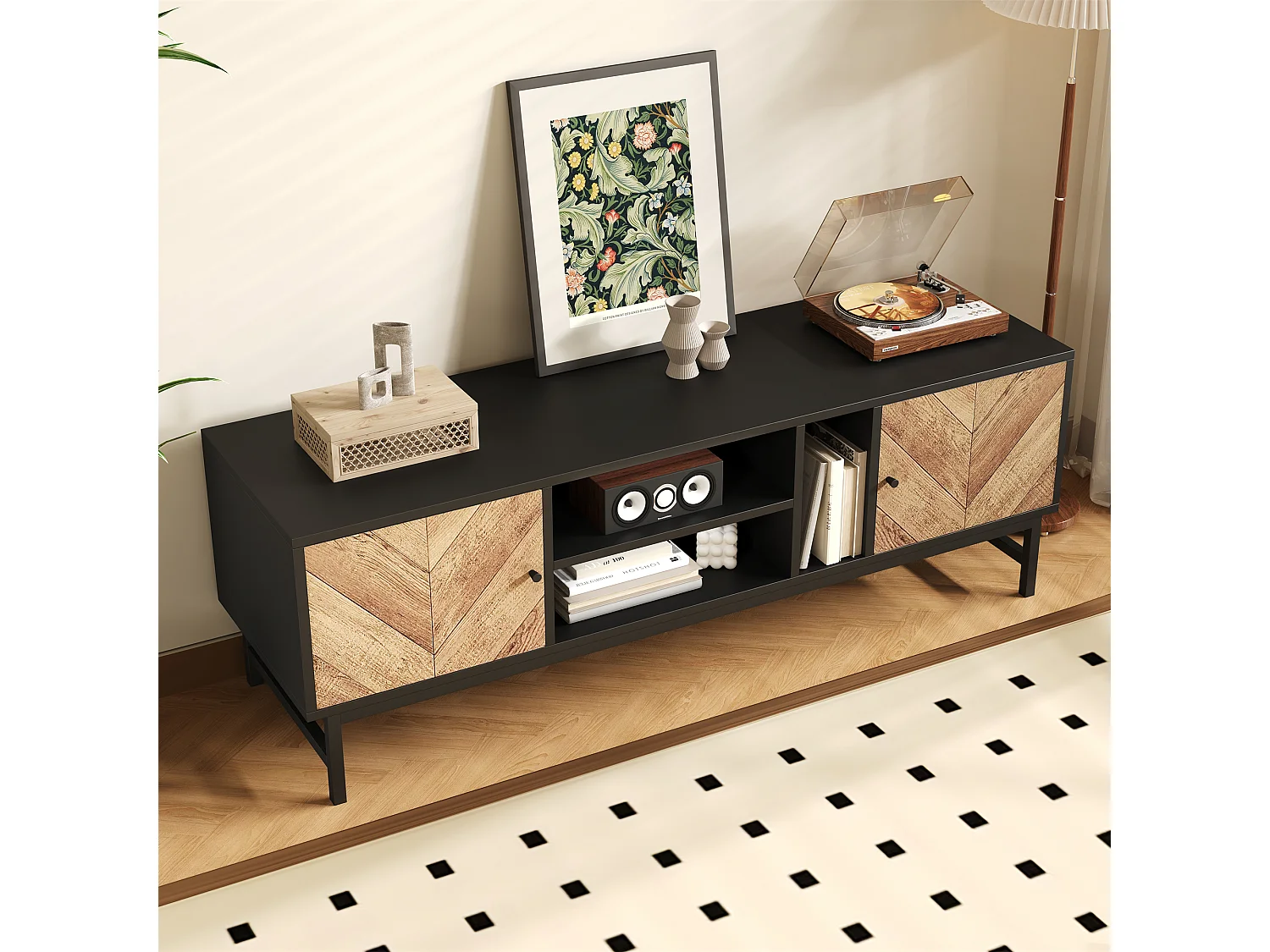 Meuble TV 150 cm avec 2 portes et 3 compartiments - Panneaux de particules et métal - Couleur noir et naturel