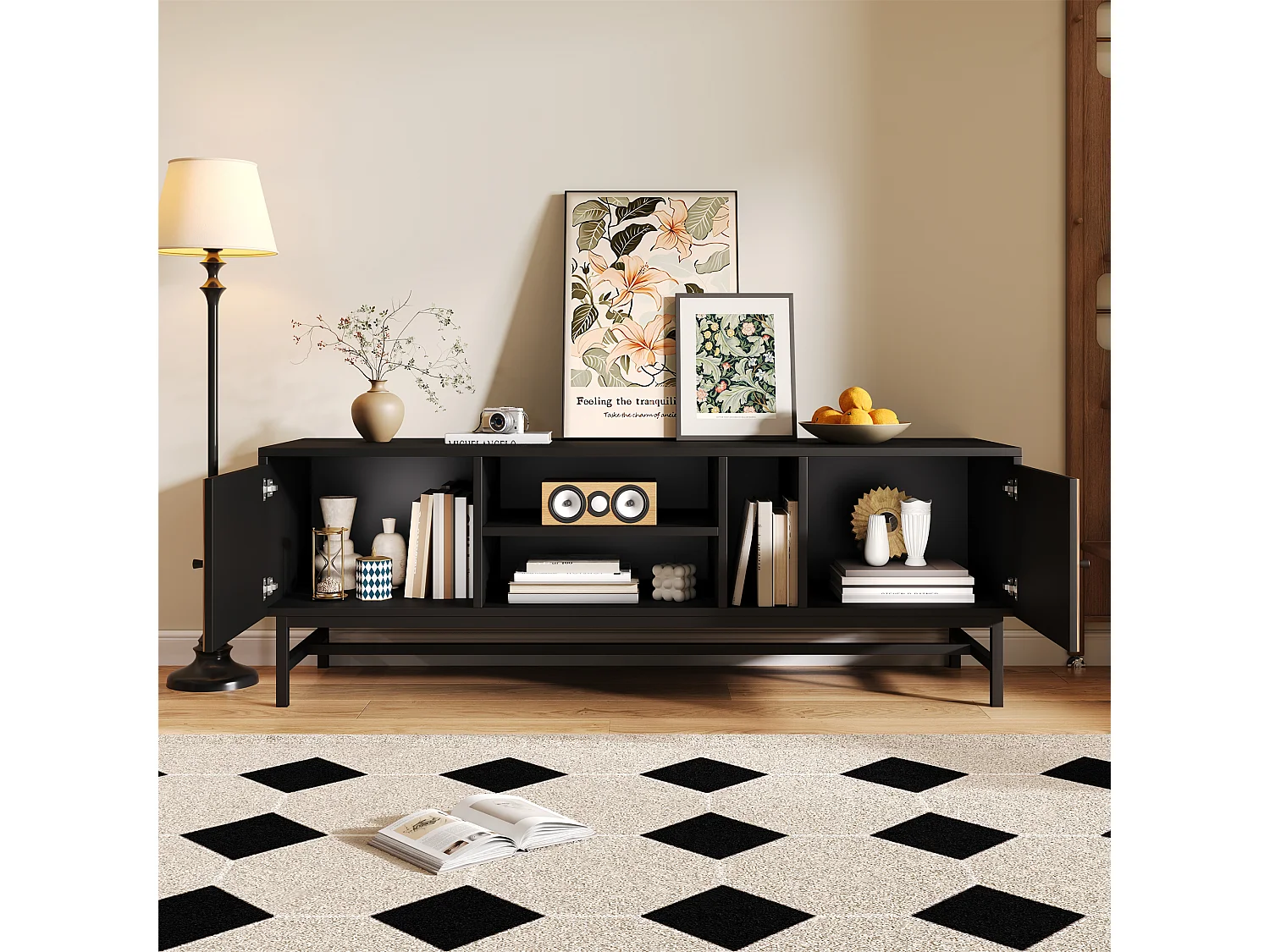 Meuble TV 150 cm avec 2 portes et 3 compartiments - Panneaux de particules et métal - Couleur noir et naturel