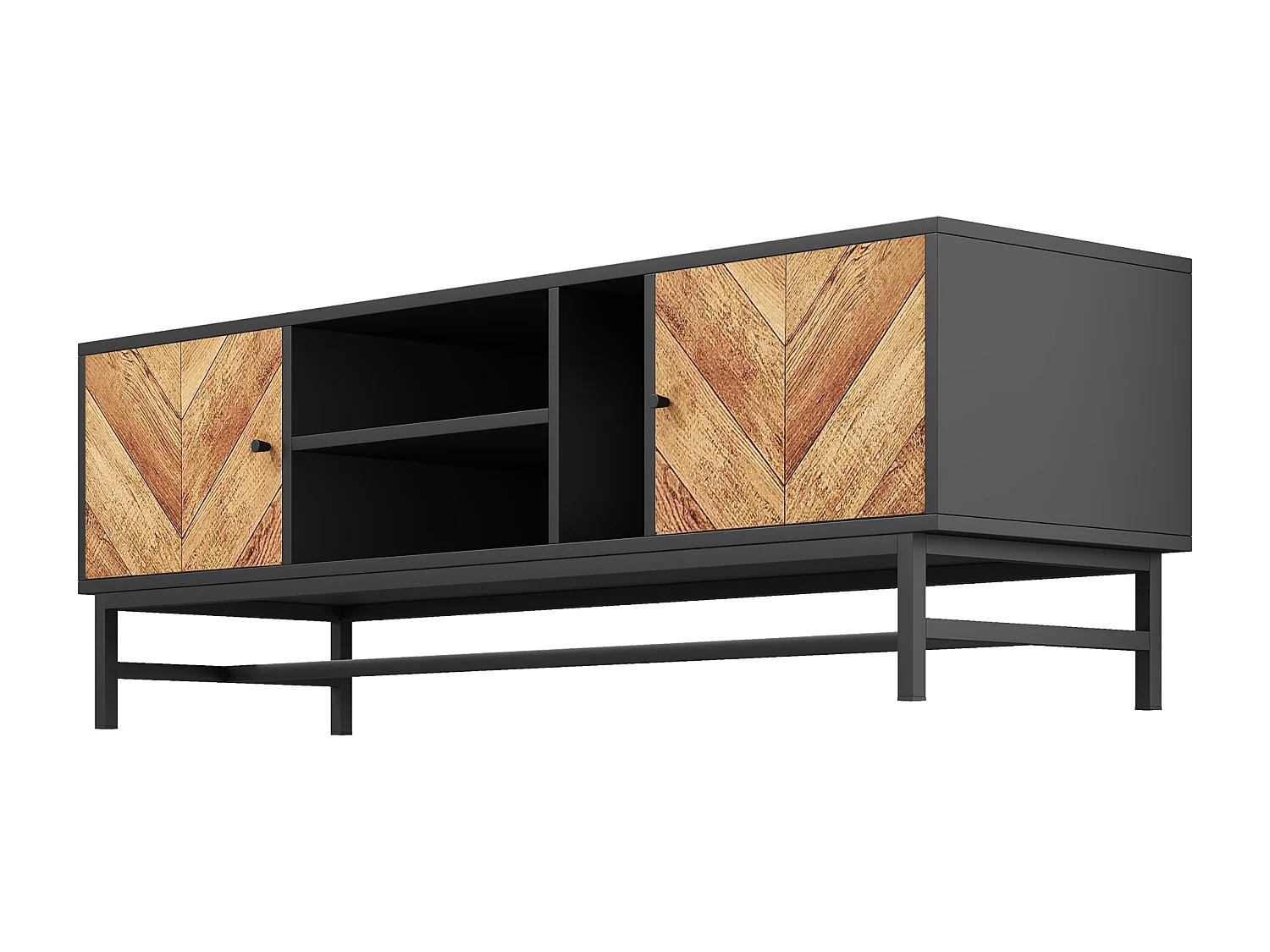 Meuble TV 150 cm avec 2 portes et 3 compartiments - Panneaux de particules et métal - Couleur noir et naturel