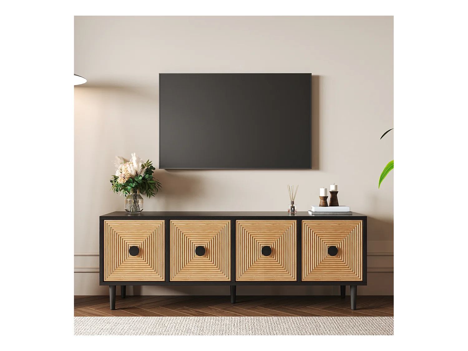 TV-meubel met 4 deuren - 150 x 38 x 55 cm - Spaanplaat - Zwart en naturel