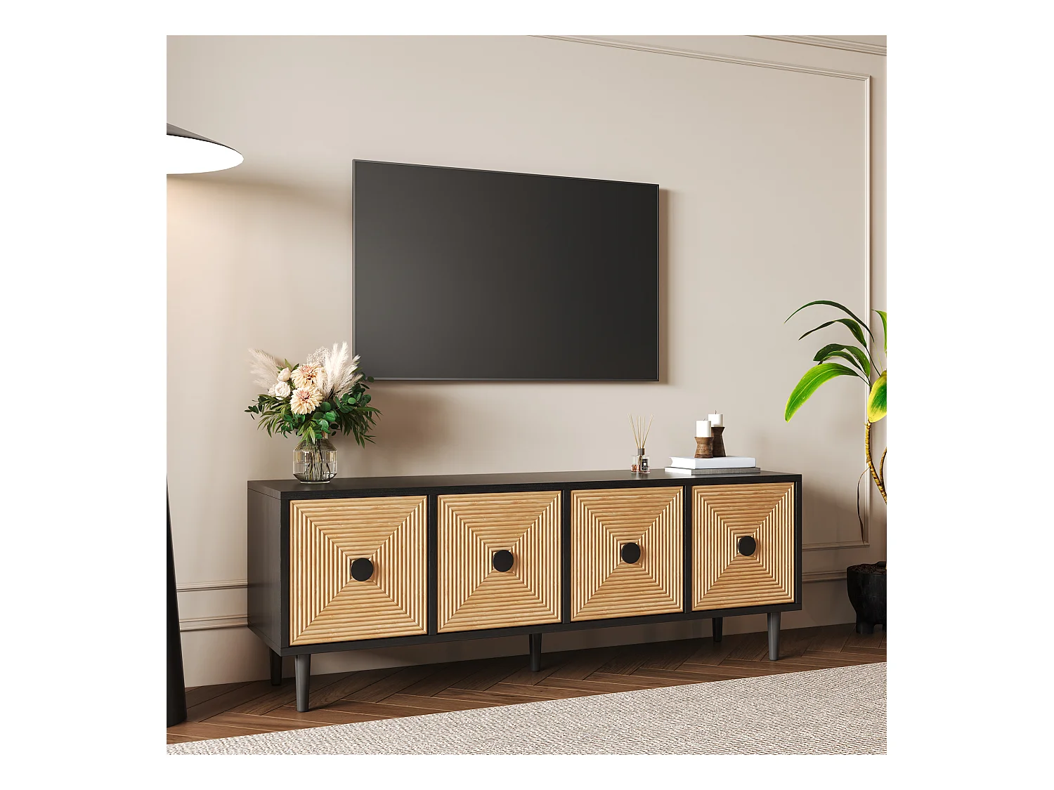 TV-meubel met 4 deuren - 150 x 38 x 55 cm - Spaanplaat - Zwart en naturel