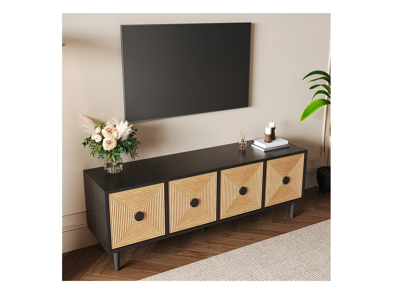TV-meubel met 4 deuren - 150 x 38 x 55 cm - Spaanplaat - Zwart en naturel