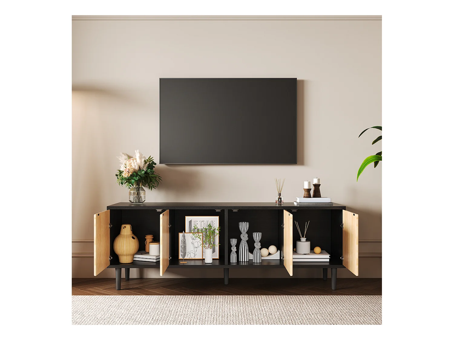 TV-meubel met 4 deuren - 150 x 38 x 55 cm - Spaanplaat - Zwart en naturel