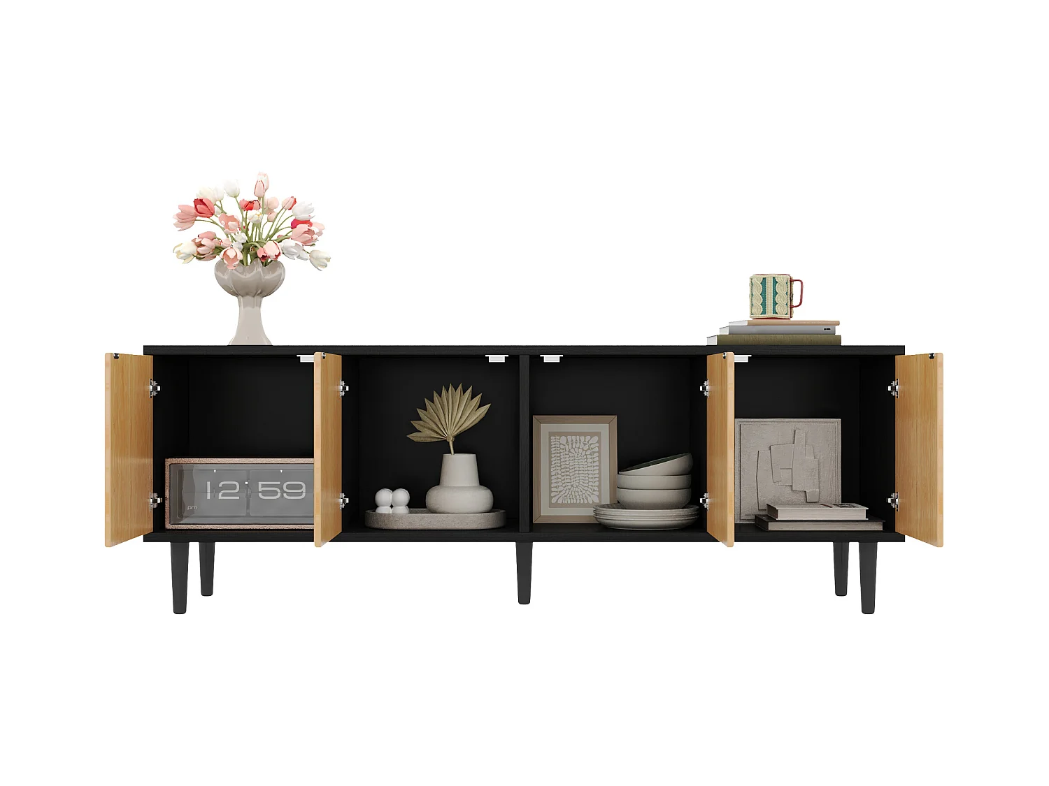 TV-meubel met 4 deuren - 150 x 38 x 55 cm - Spaanplaat - Zwart en naturel