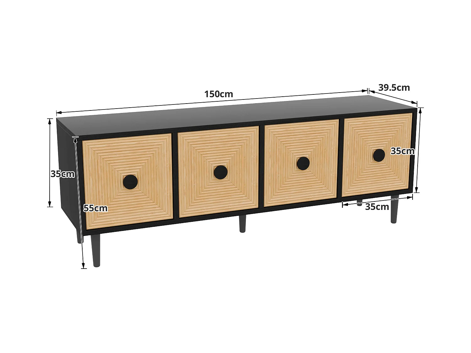 TV-meubel met 4 deuren - 150 x 38 x 55 cm - Spaanplaat - Zwart en naturel