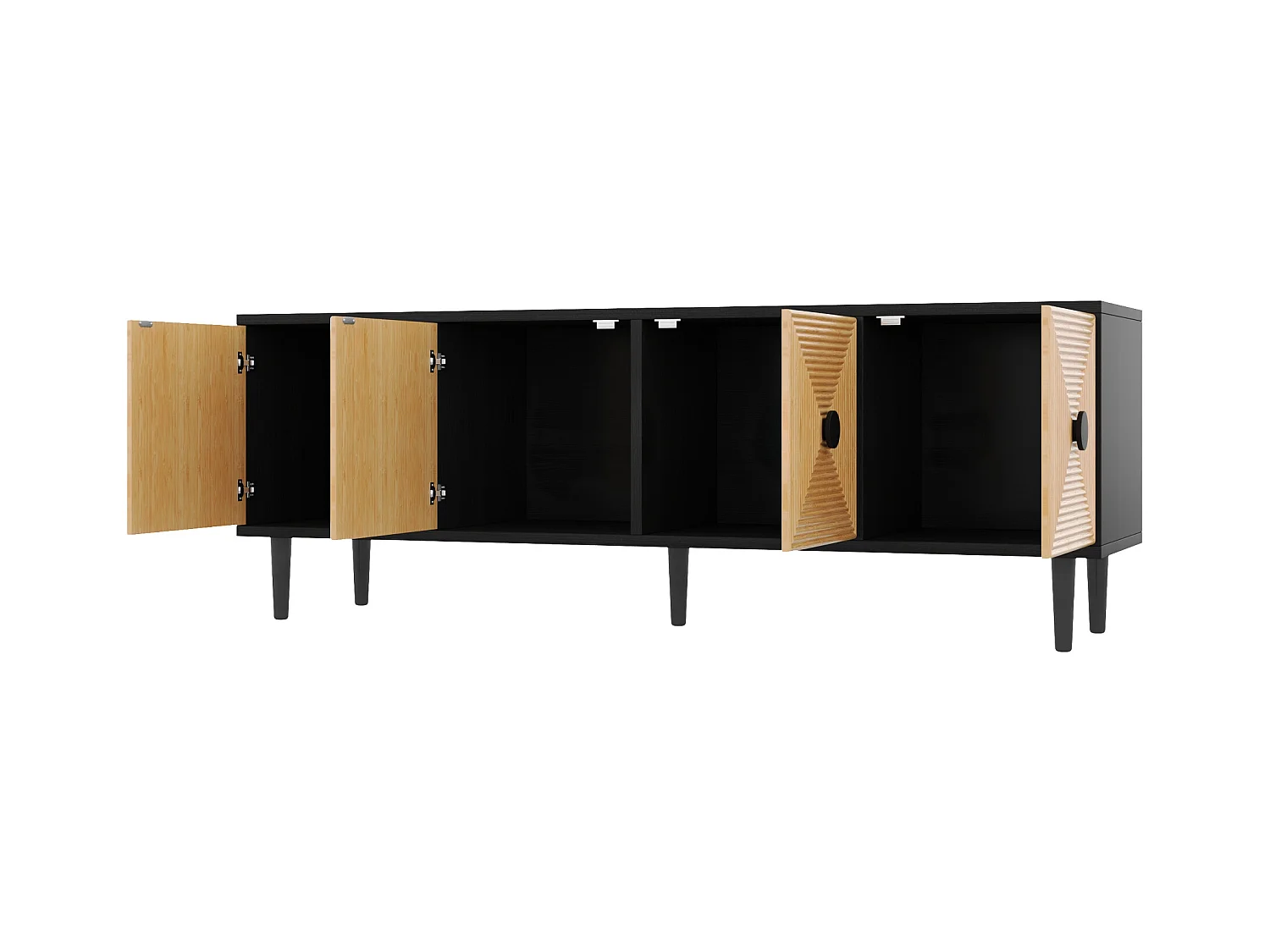 TV-meubel met 4 deuren - 150 x 38 x 55 cm - Spaanplaat - Zwart en naturel