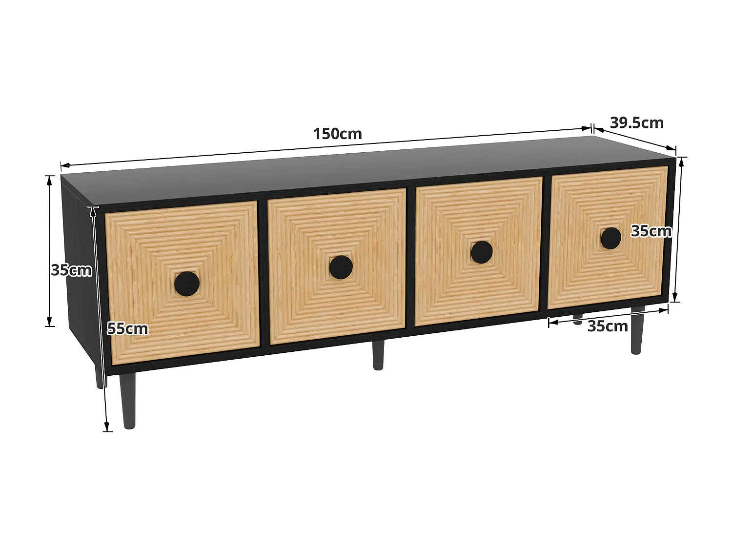 Mueble TV con 4 puertas - 150 x 38 x 55 cm - Tablero de partículas - Negro y natural