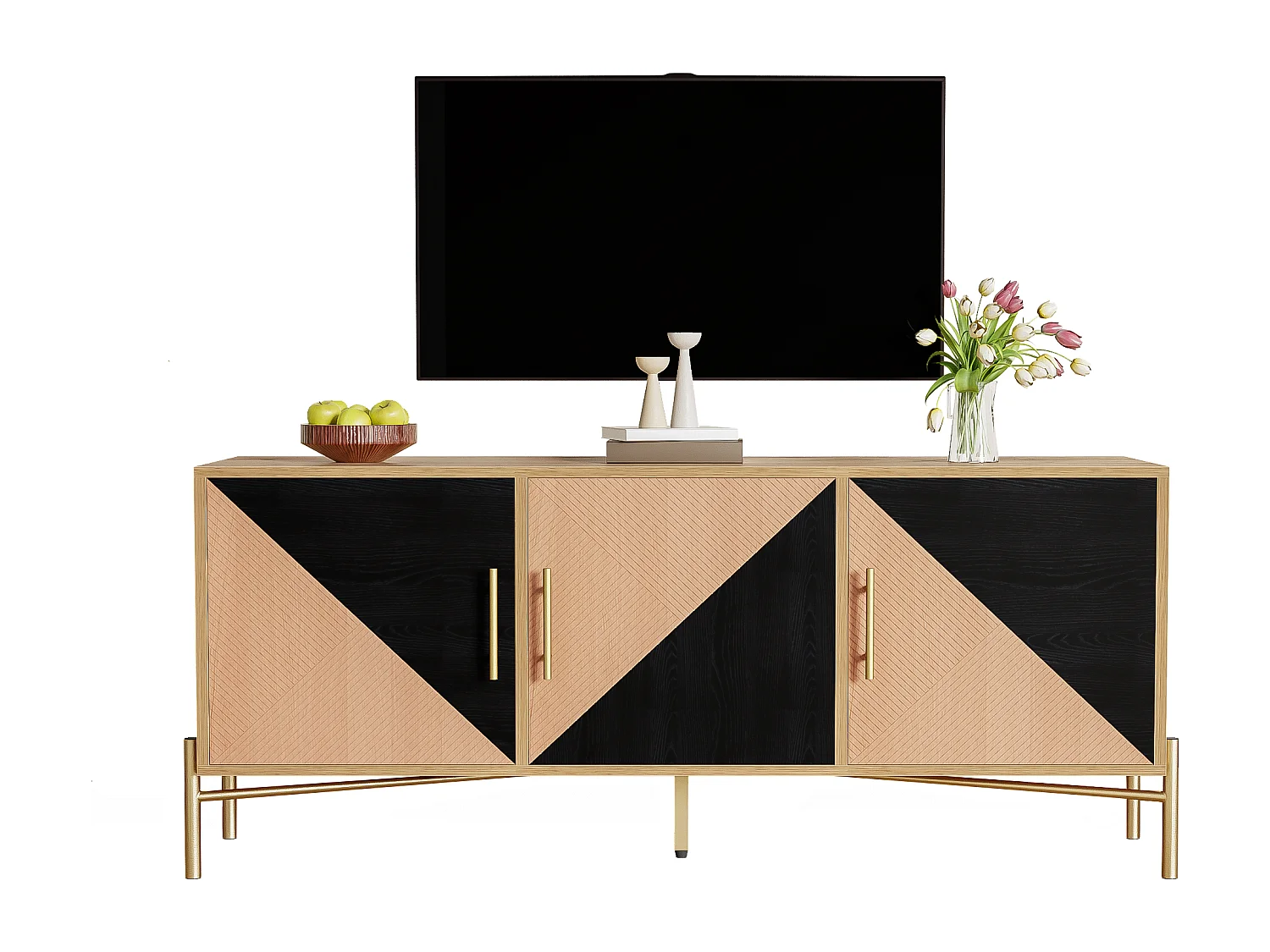 Meuble TV avec 3 portes - 120 x 35 x 58 cm - Poignées et pieds dorés - MDF + Panneaux de particules - Coloris noir et bois