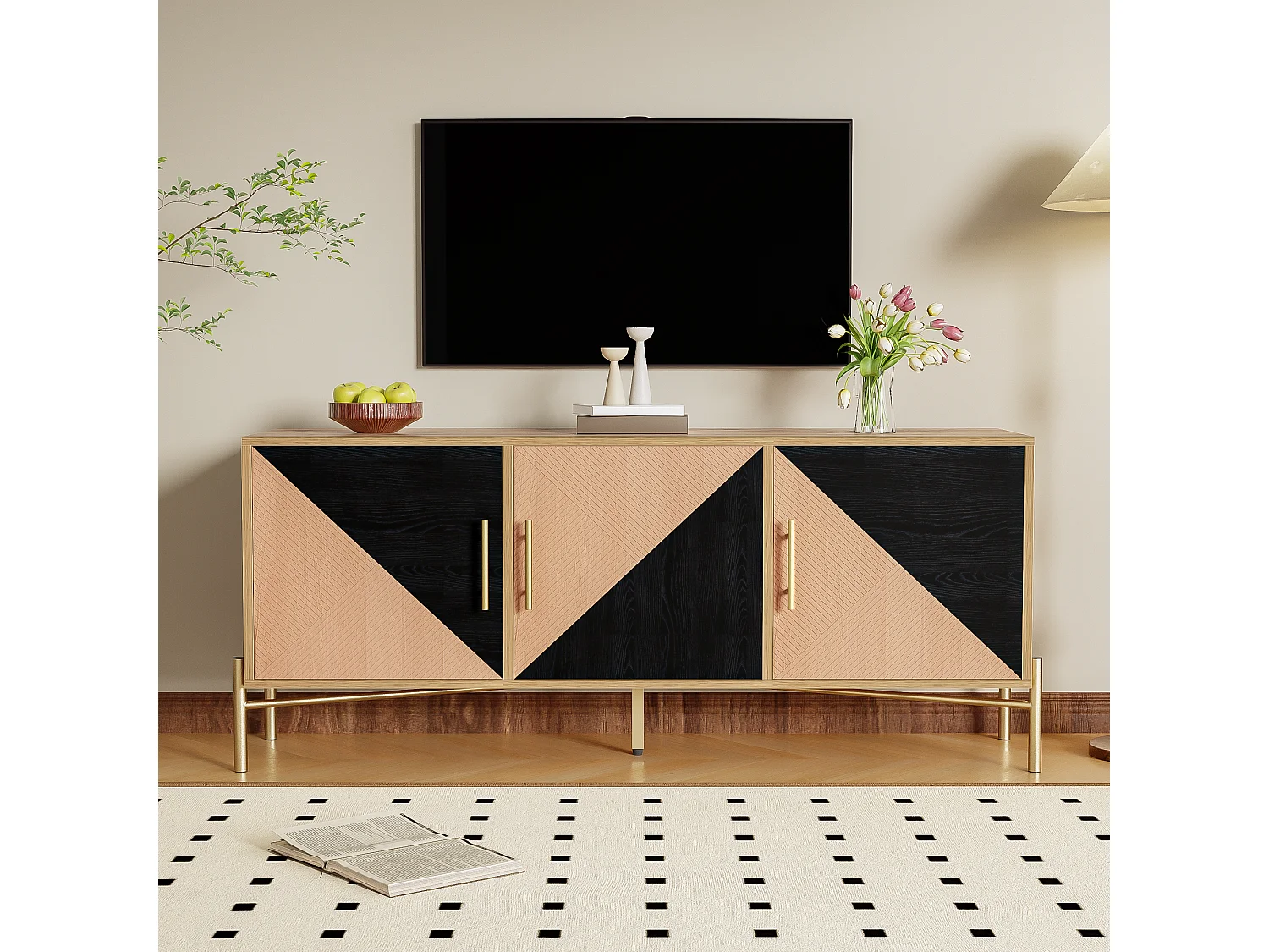 Meuble TV avec 3 portes - 120 x 35 x 58 cm - Poignées et pieds dorés - MDF + Panneaux de particules - Coloris noir et bois