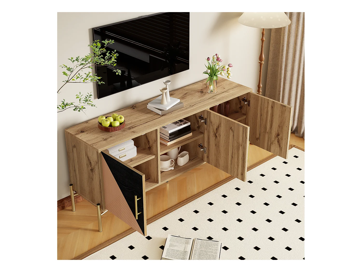 Meuble TV avec 3 portes - 120 x 35 x 58 cm - Poignées et pieds dorés - MDF + Panneaux de particules - Coloris noir et bois