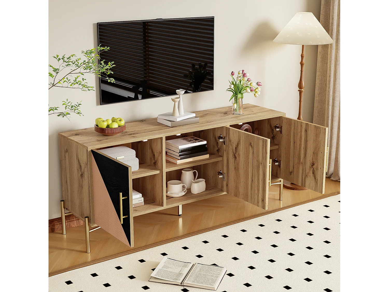 Meuble TV avec 3 portes - 120 x 35 x 58 cm - Poignées et pieds dorés - MDF + Panneaux de particules - Coloris noir et bois