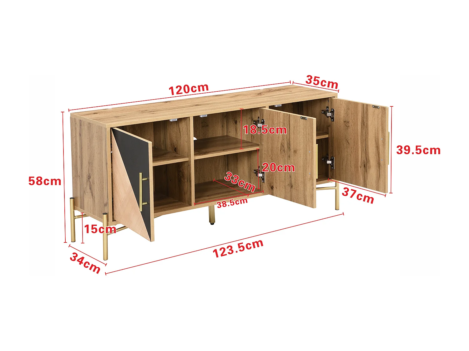 Meuble TV avec 3 portes - 120 x 35 x 58 cm - Poignées et pieds dorés - MDF + Panneaux de particules - Coloris noir et bois