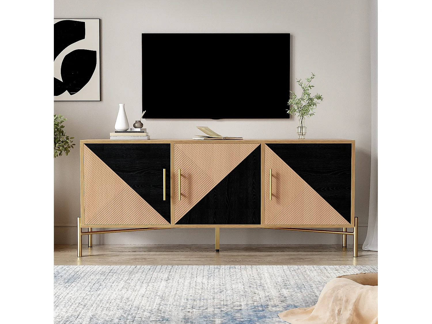 Meuble TV avec 3 portes - 120 x 35 x 58 cm - Poignées et pieds dorés - MDF + Panneaux de particules - Coloris noir et bois