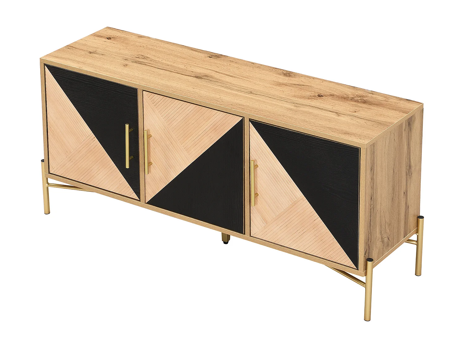 Meuble TV avec 3 portes - 120 x 35 x 58 cm - Poignées et pieds dorés - MDF + Panneaux de particules - Coloris noir et bois