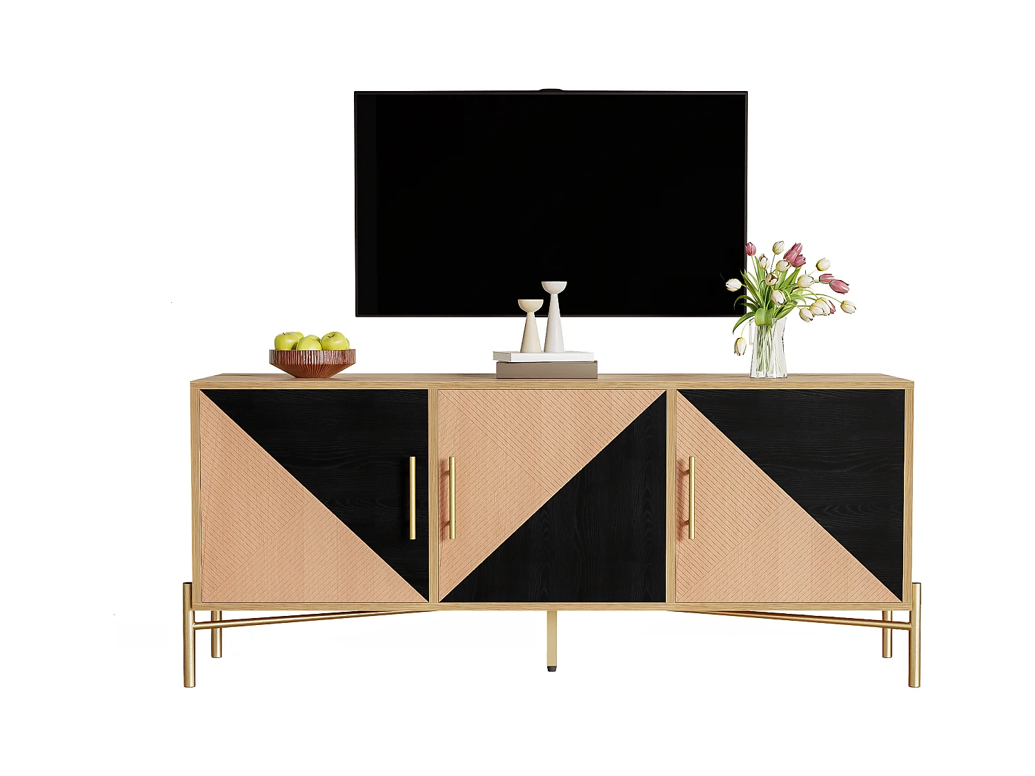 Meuble TV avec 3 portes - 120 x 35 x 58 cm - Poignées et pieds dorés - MDF + Panneaux de particules - Coloris noir et bois