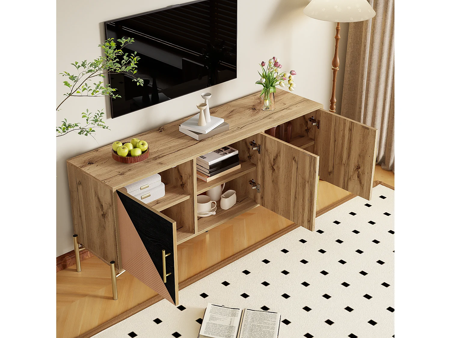 Móvel de TV com 3 portas - 120 x 35 x 58 cm - Puxadores e pés dourados - MDF + Aglomerado - Preto e cor madeira