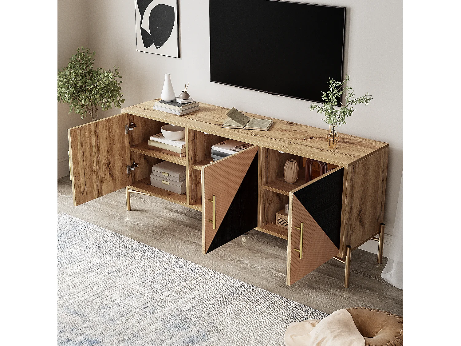 Móvel de TV com 3 portas - 120 x 35 x 58 cm - Puxadores e pés dourados - MDF + Aglomerado - Preto e cor madeira