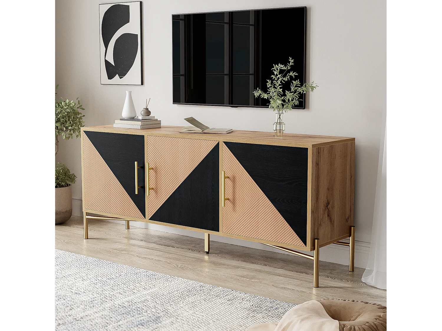 Móvel de TV com 3 portas - 120 x 35 x 58 cm - Puxadores e pés dourados - MDF + Aglomerado - Preto e cor madeira