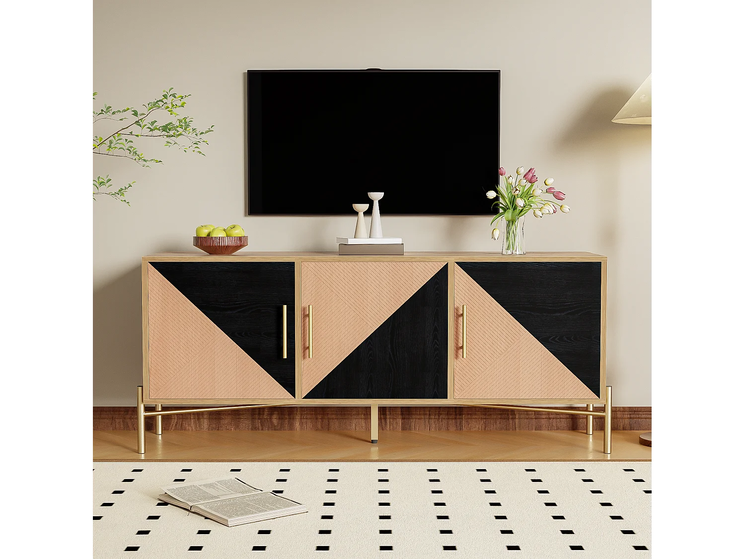 Meuble TV avec 3 portes - 120 x 35 x 58 cm - Poignées et pieds dorés - MDF + Panneaux de particules - Coloris noir et bois