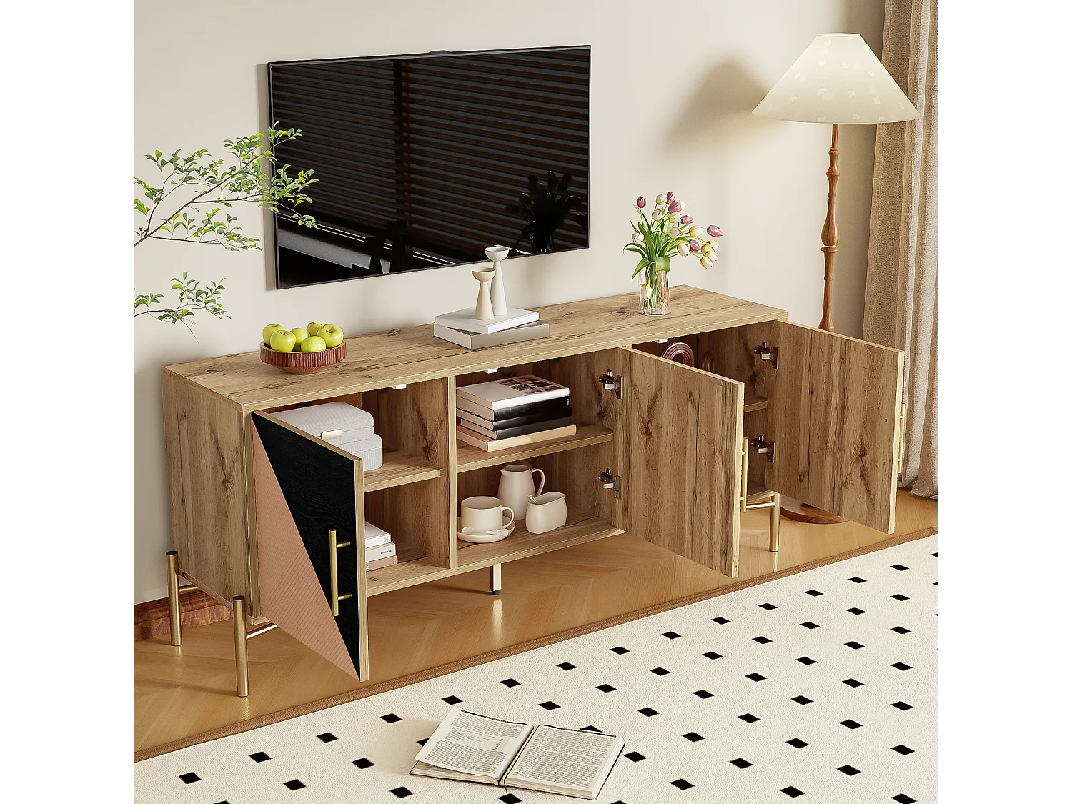 Meuble TV avec 3 portes - 120 x 35 x 58 cm - Poignées et pieds dorés - MDF + Panneaux de particules - Coloris noir et bois