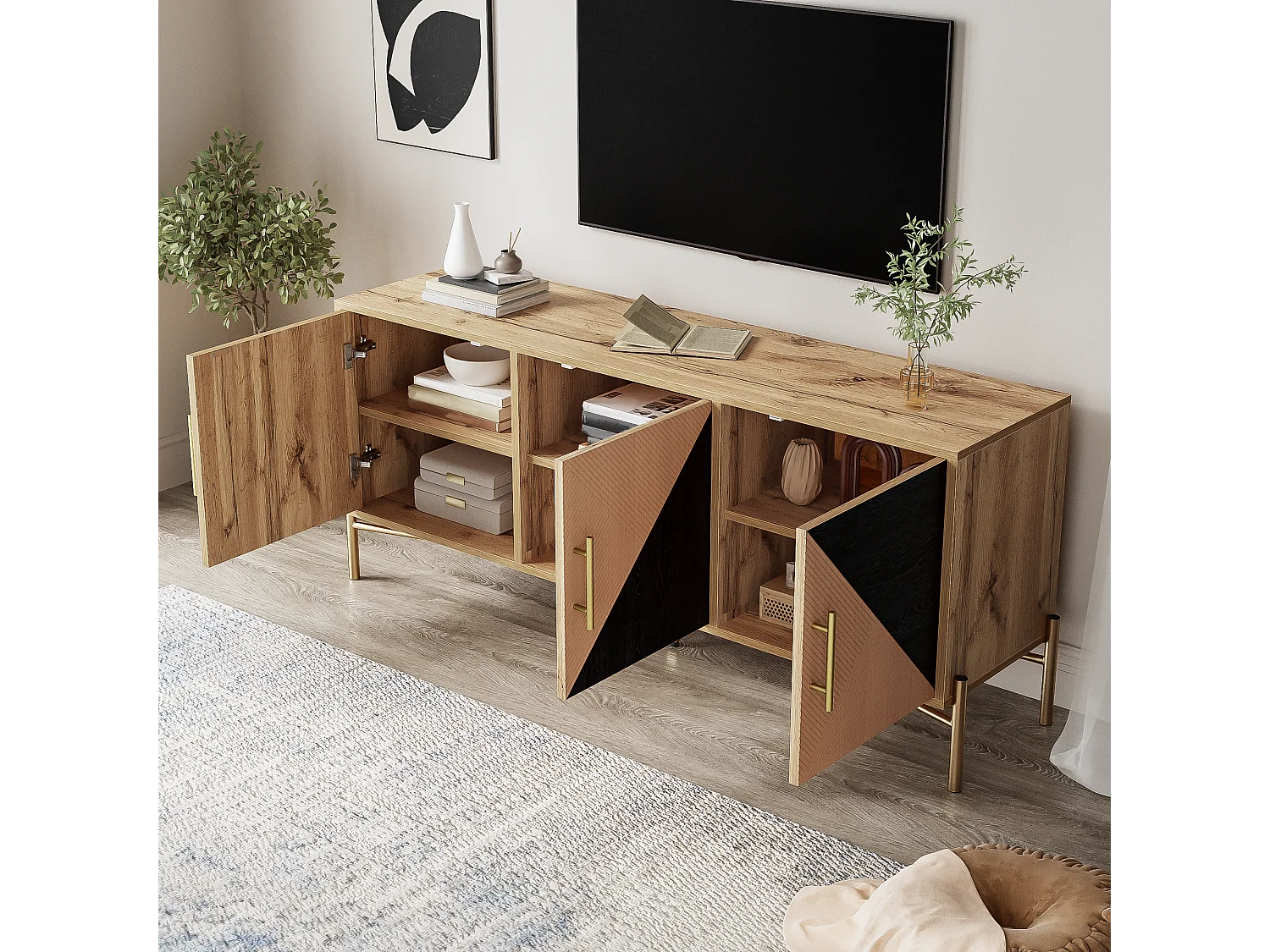 Meuble TV avec 3 portes - 120 x 35 x 58 cm - Poignées et pieds dorés - MDF + Panneaux de particules - Coloris noir et bois