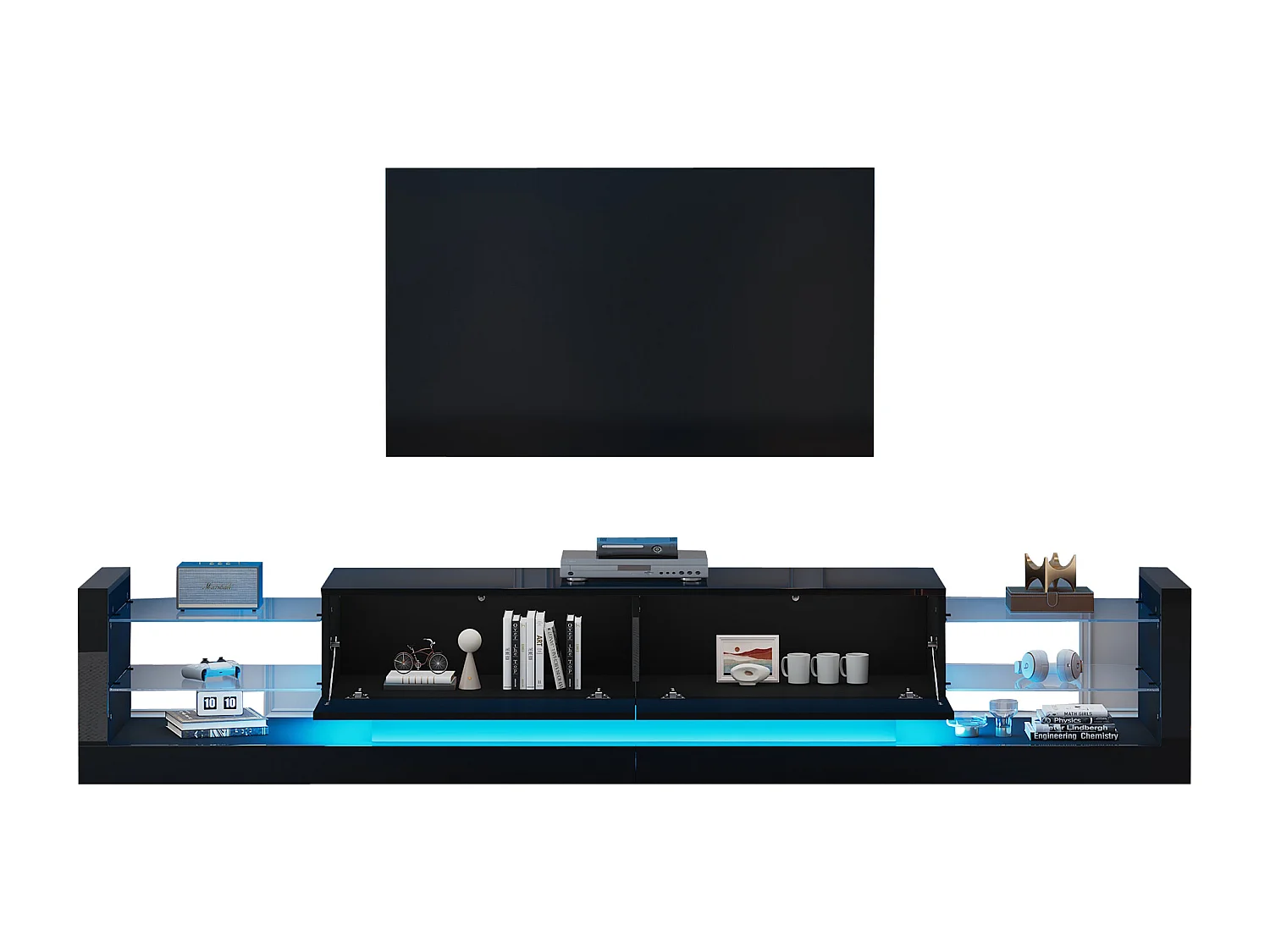 Meuble TV avec 2 tiroirs rabattables - 181 x 38 x 38 cm - LEDs - Panneaux de particules - Noir brillant