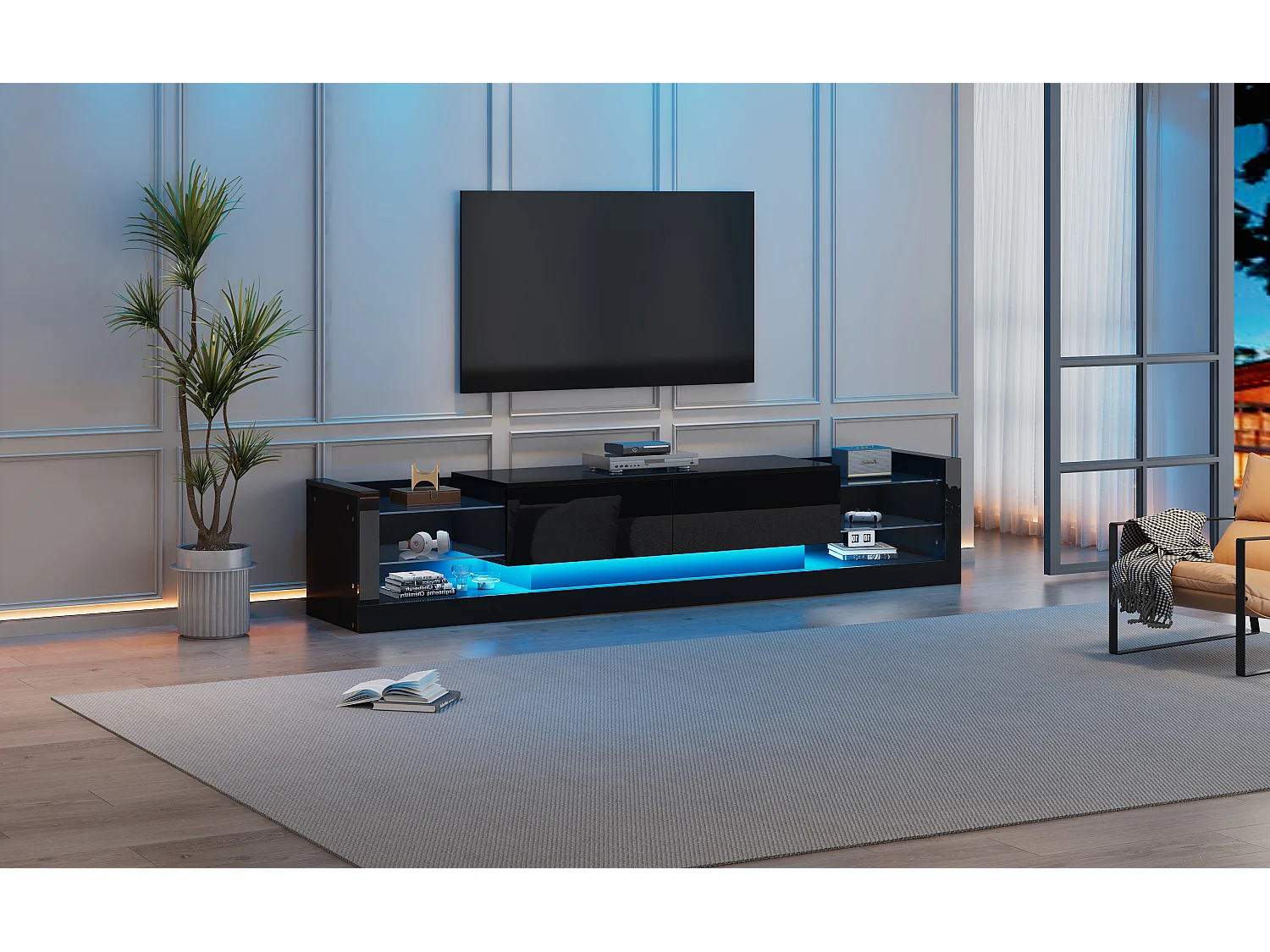 Meuble TV avec 2 tiroirs rabattables - 181 x 38 x 38 cm - LEDs - Panneaux de particules - Noir brillant
