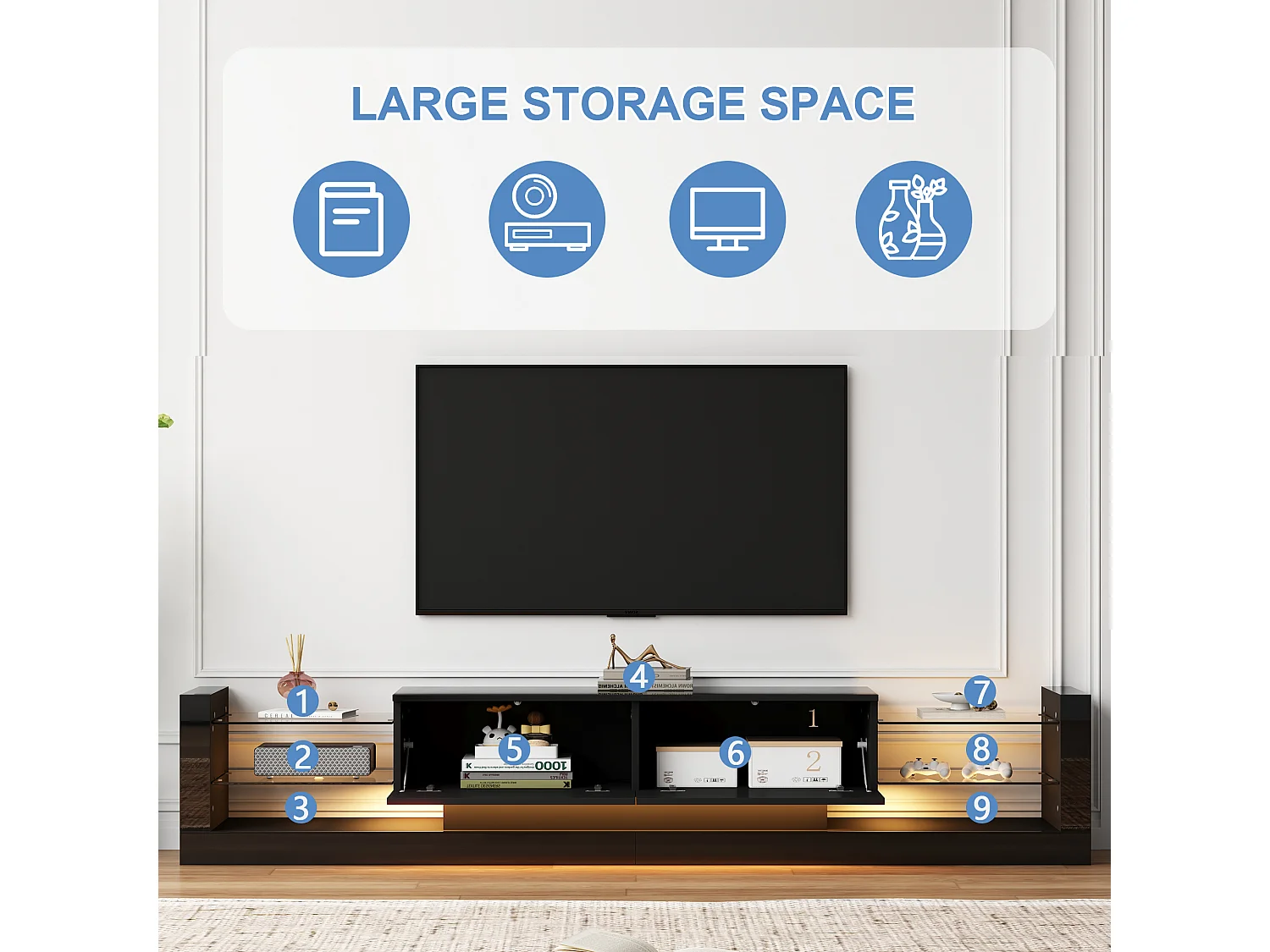 Meuble TV avec 2 tiroirs rabattables - 181 x 38 x 38 cm - LEDs - Panneaux de particules - Noir brillant