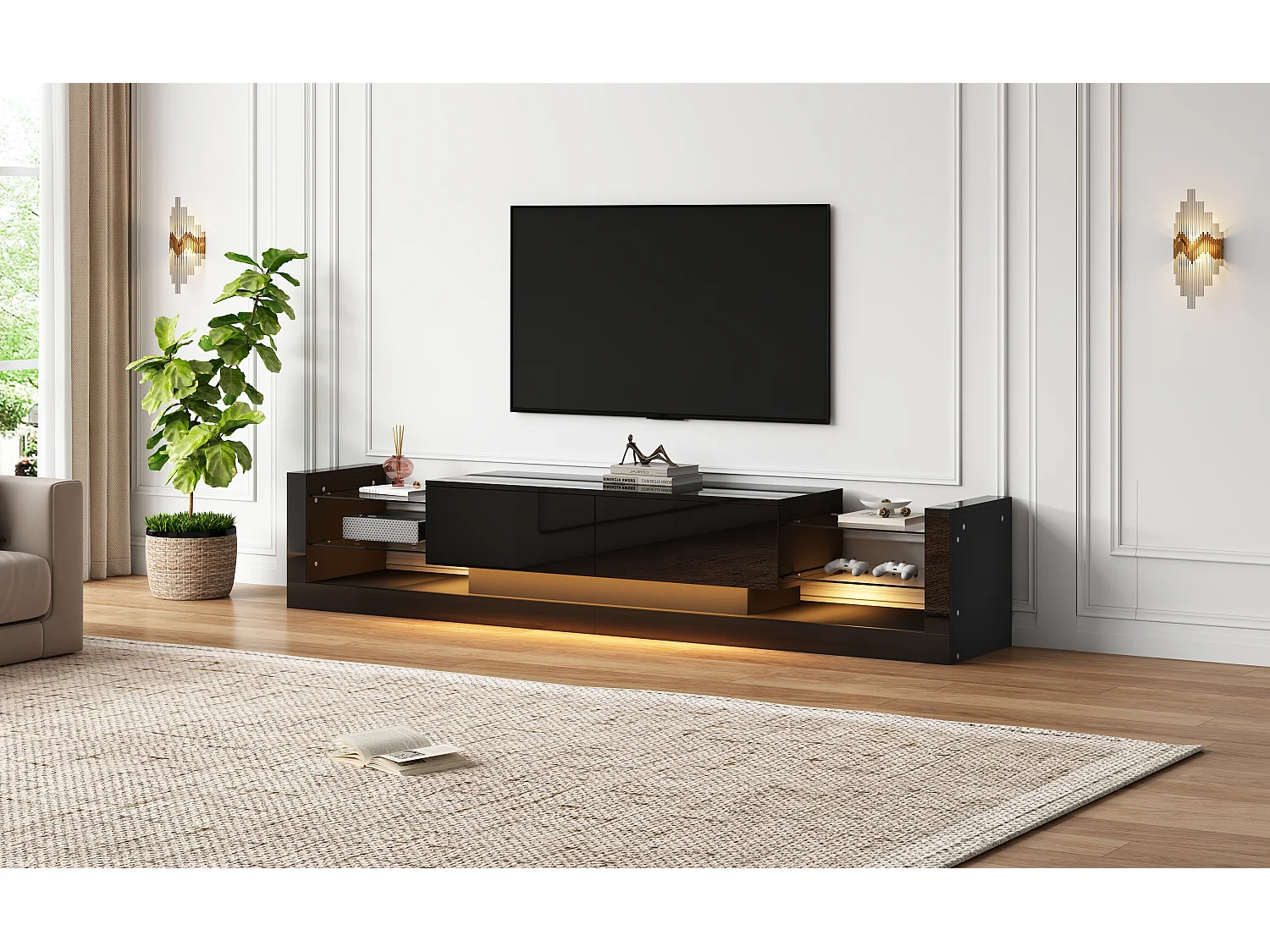 Meuble TV avec 2 tiroirs rabattables - 181 x 38 x 38 cm - LEDs - Panneaux de particules - Noir brillant