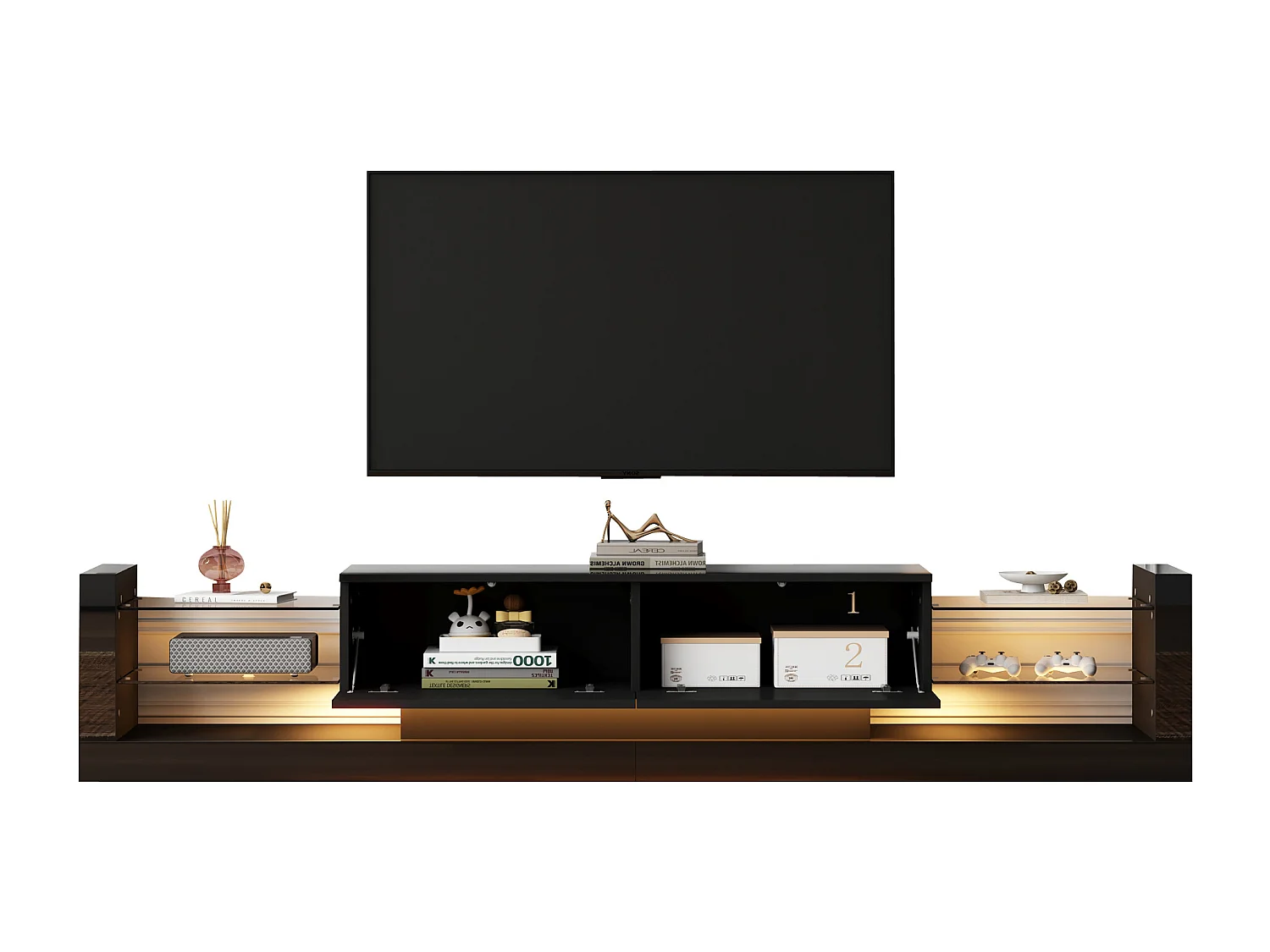 Meuble TV avec 2 tiroirs rabattables - 181 x 38 x 38 cm - LEDs - Panneaux de particules - Noir brillant