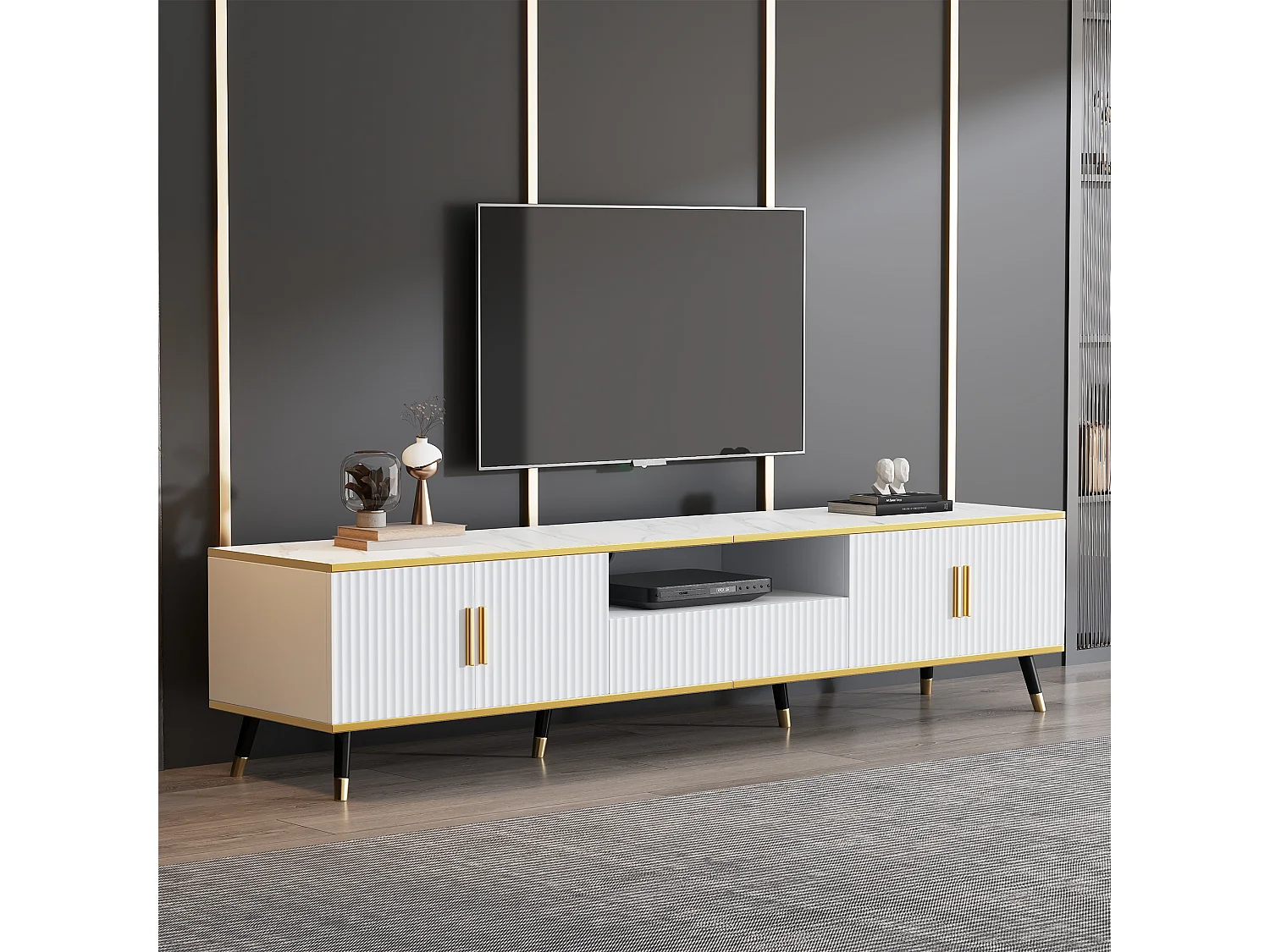 Móvel TV 200 cm com 4 portas e 1 gaveta - Tampos efeito mármore - Aglomerado - Branco