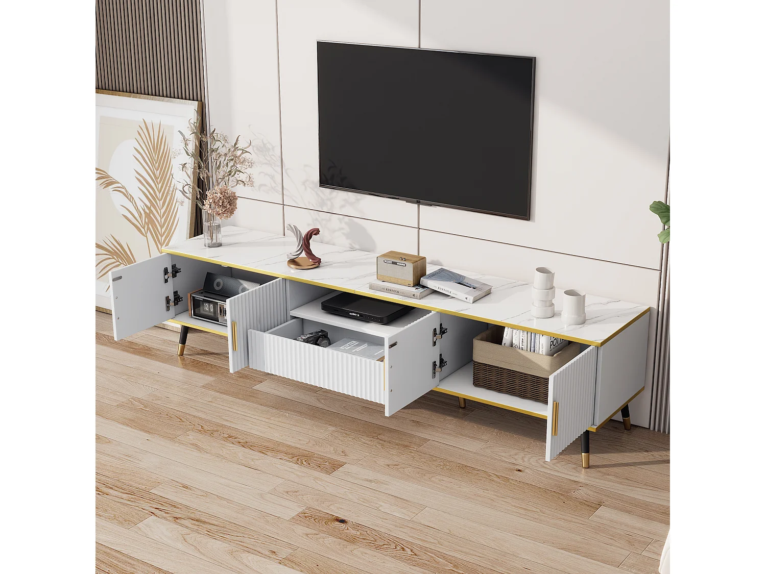 Móvel TV 200 cm com 4 portas e 1 gaveta - Tampos efeito mármore - Aglomerado - Branco