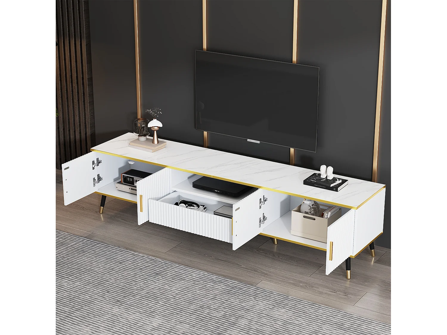 Móvel TV 200 cm com 4 portas e 1 gaveta - Tampos efeito mármore - Aglomerado - Branco