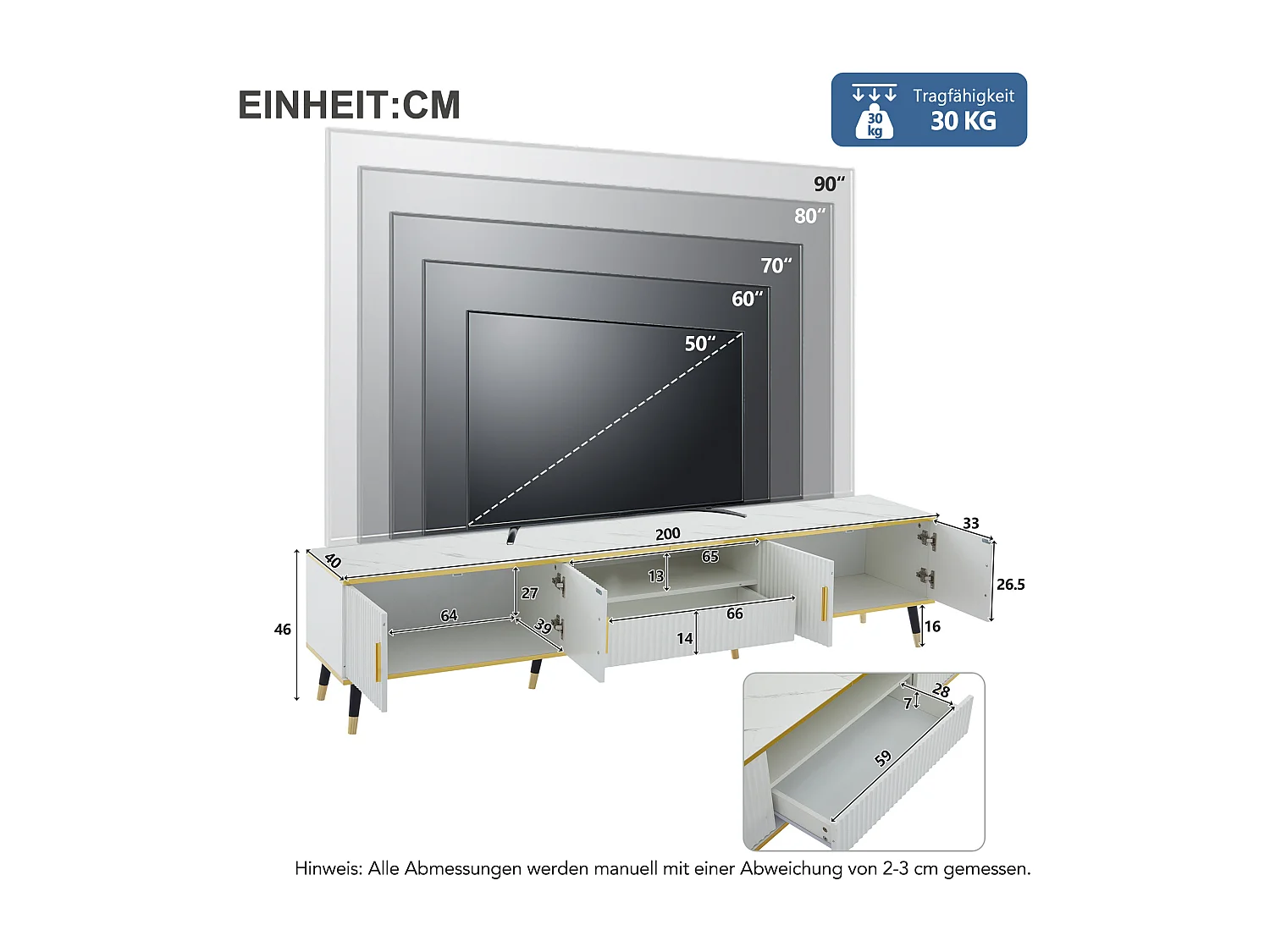 Móvel TV 200 cm com 4 portas e 1 gaveta - Tampos efeito mármore - Aglomerado - Branco
