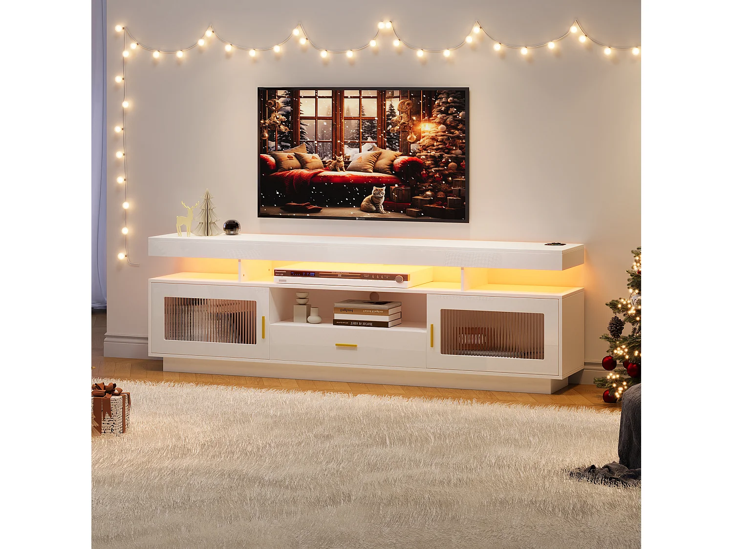 Meuble TV avec 2 portes vitrées, 1 tiroir et 3 compartiments - 150 x 40 x 60 cm - LEDs - Panneaux de particules - Blanc brillant