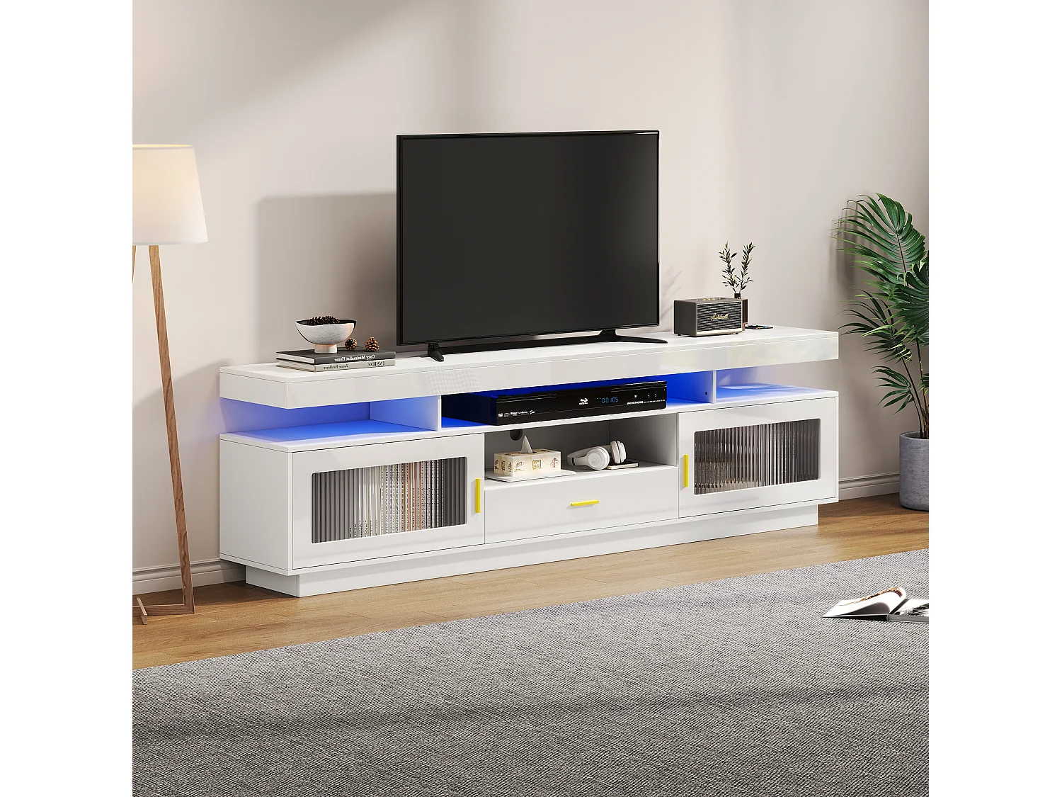 Meuble TV avec 2 portes vitrées, 1 tiroir et 3 compartiments - 150 x 40 x 60 cm - LEDs - Panneaux de particules - Blanc brillant