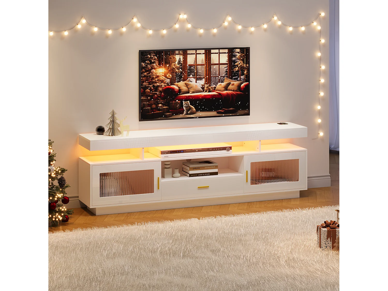 Meuble TV avec 2 portes vitrées, 1 tiroir et 3 compartiments - 150 x 40 x 60 cm - LEDs - Panneaux de particules - Blanc brillant